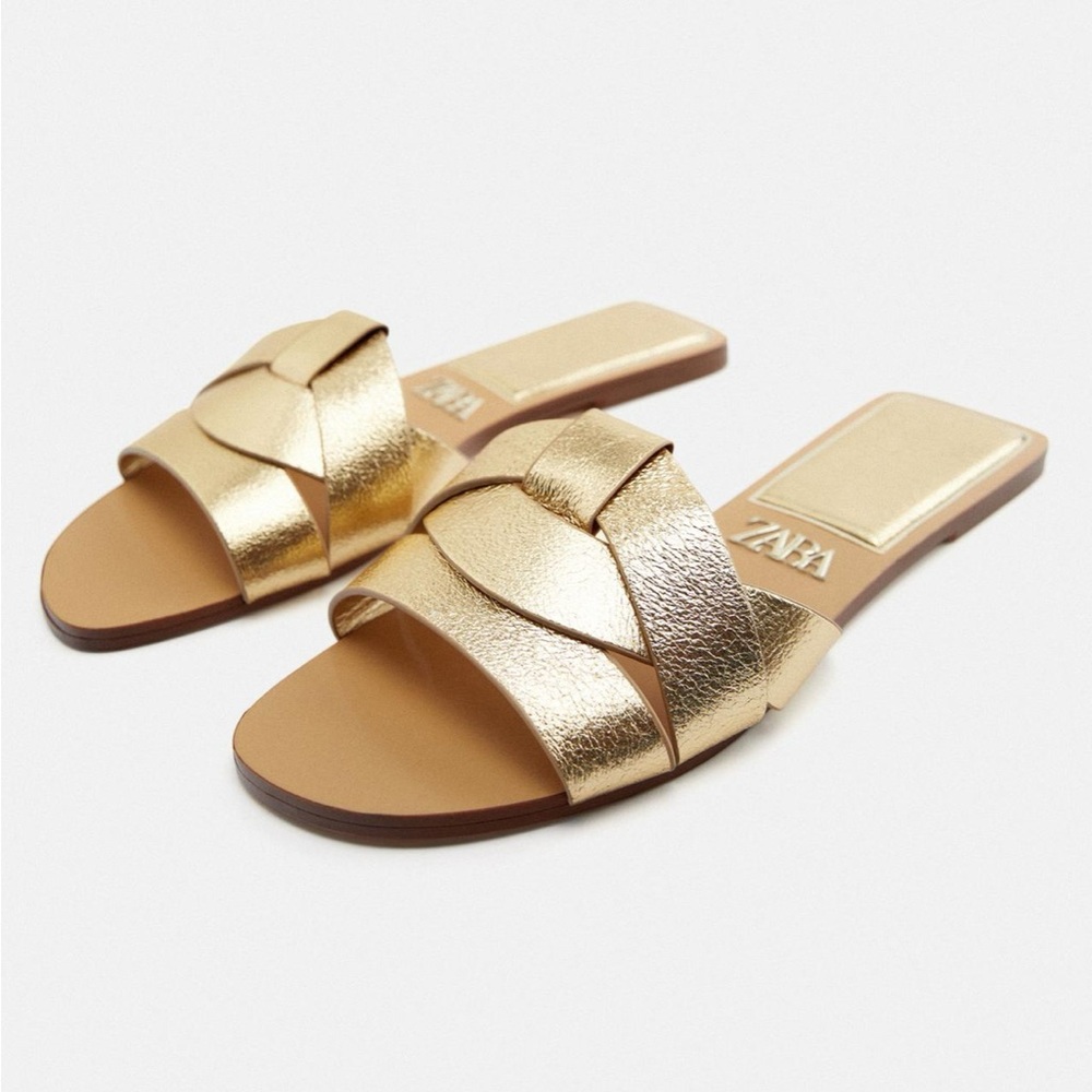 Zara Flat Crossed Leather Sandal in Gold. Size 39 or 8.5.